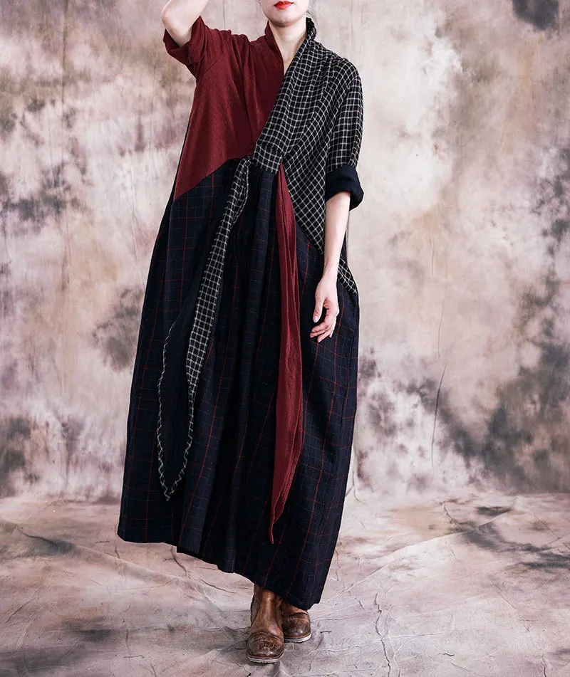 Женское осеннее клетчатое платье из хлопка и льна женское свободное в стиле