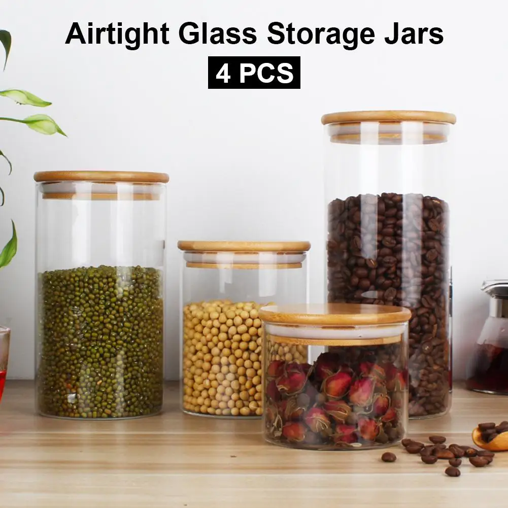 4 шт герметичные стеклянные баночки для хранения продуктов, канистра, набор кухонных контейнеров с бамбуковой крышкой и силиконовой баночкой для хранения стекла