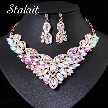 

Luxury Large Wing Horse Eye Crystal Necklace Earring Sets Prom Wedding Bridal Jewelry Women Crystal Rhinestone Leaf Accessories