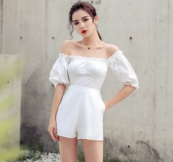 

Summer Playsuits Women Off The Shoulder Sexy Jumpsuit Female High Waist Shorts Thin Romper Overalls Suit TA9137