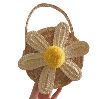 

Baby Girl Daisy Straw Bag Children Hand-woven Tote Bag with Large Opening Round Handbag