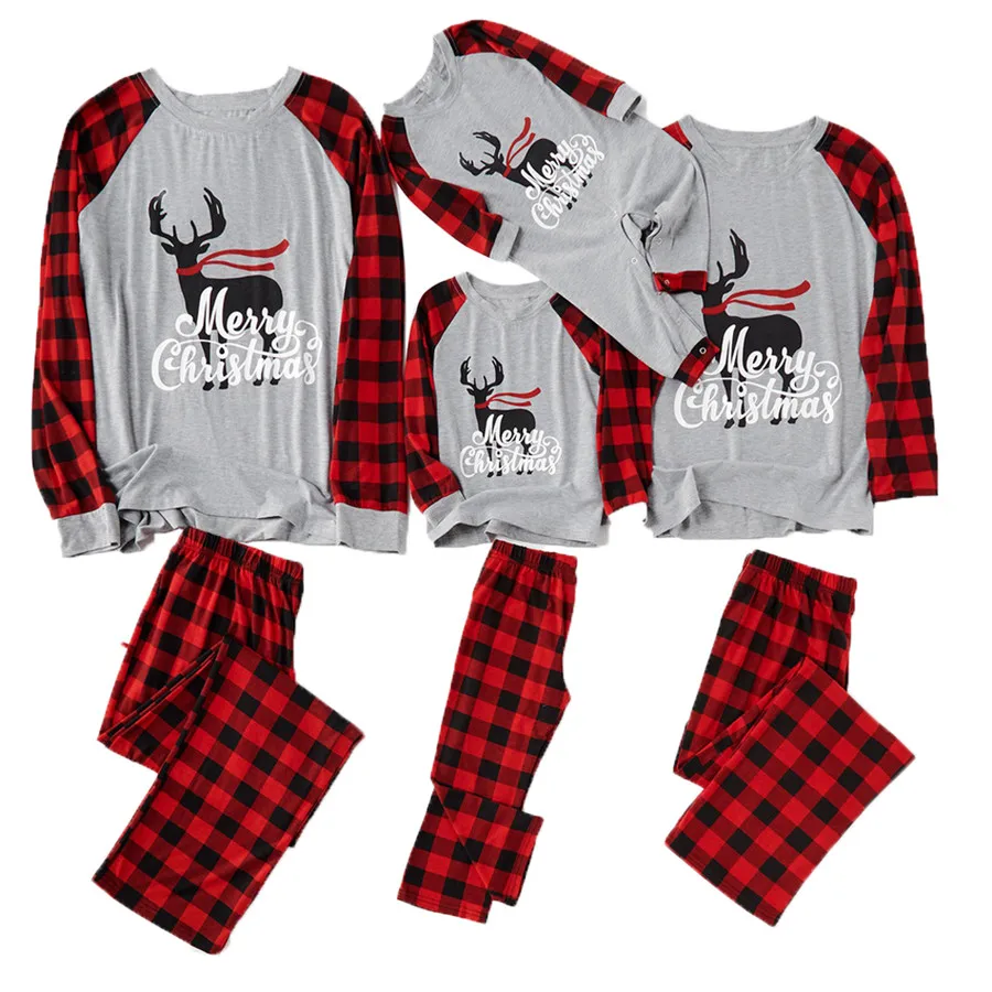

Matching Family Christmas Pajamas Set Cute Letter Reindeer Print Raglan Tee Top+Plaid Pants Set Sleepwear for Adult Kids Baby