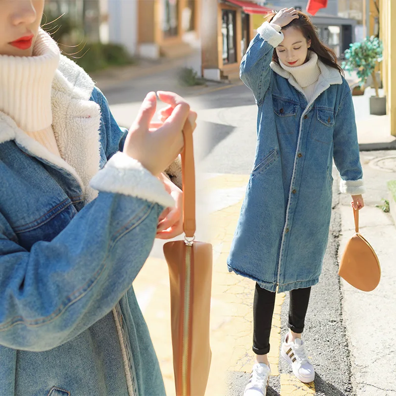 

Winter South Korea CHIC Wind New Style Loose And Plus-sized WOMEN'S Dress Fold-down Collar Lambs Wool Jeans Coat Women's Mid-len