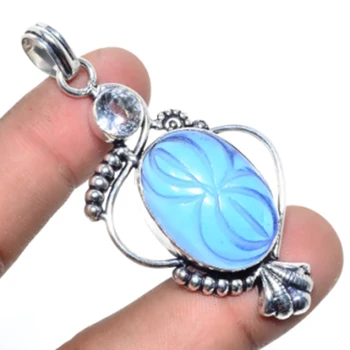 

Carved-Blue Topas,White Topas Pendant Silver Overlay over Copper ,65mm, FRP0117