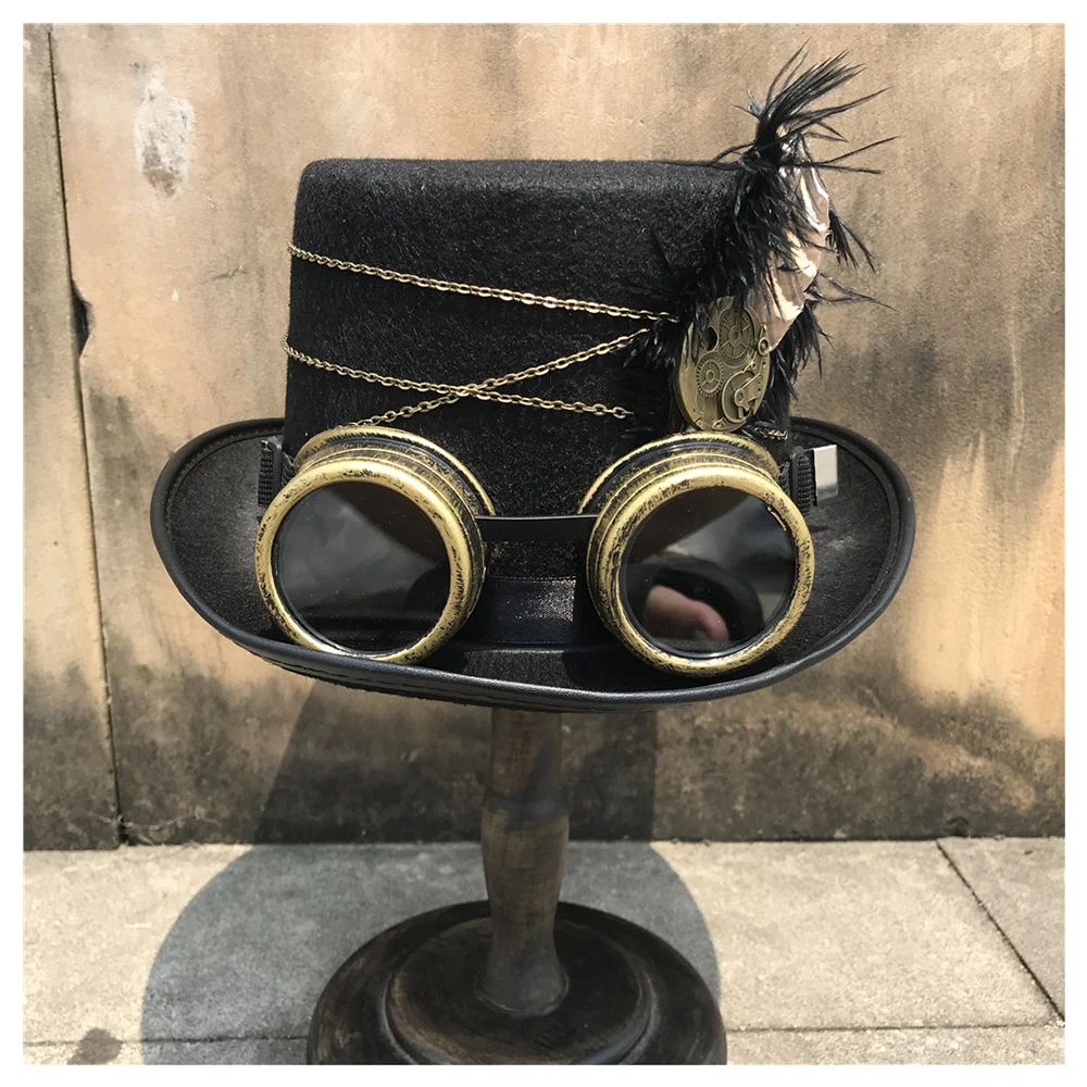Unisex Men Women Handmade Steampunk Top Hat With Gear Glasses Cosplay Hat Dance Punk Party Hat Decoration Size 57CM