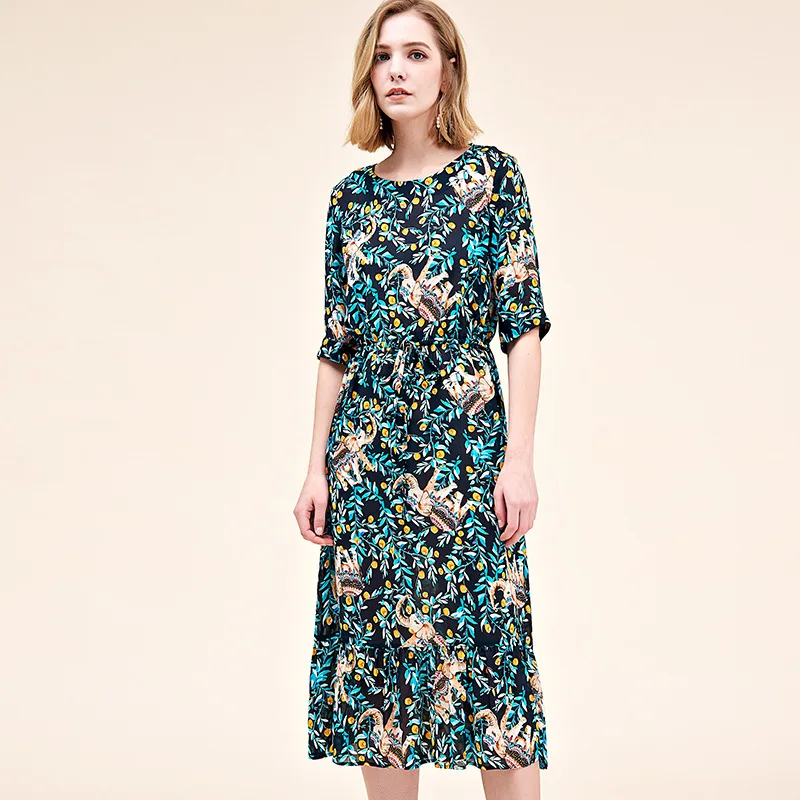 

green bird floral silk dresses women 2020 summer long casual office work beach boho party dress plus size fashion slim dropship