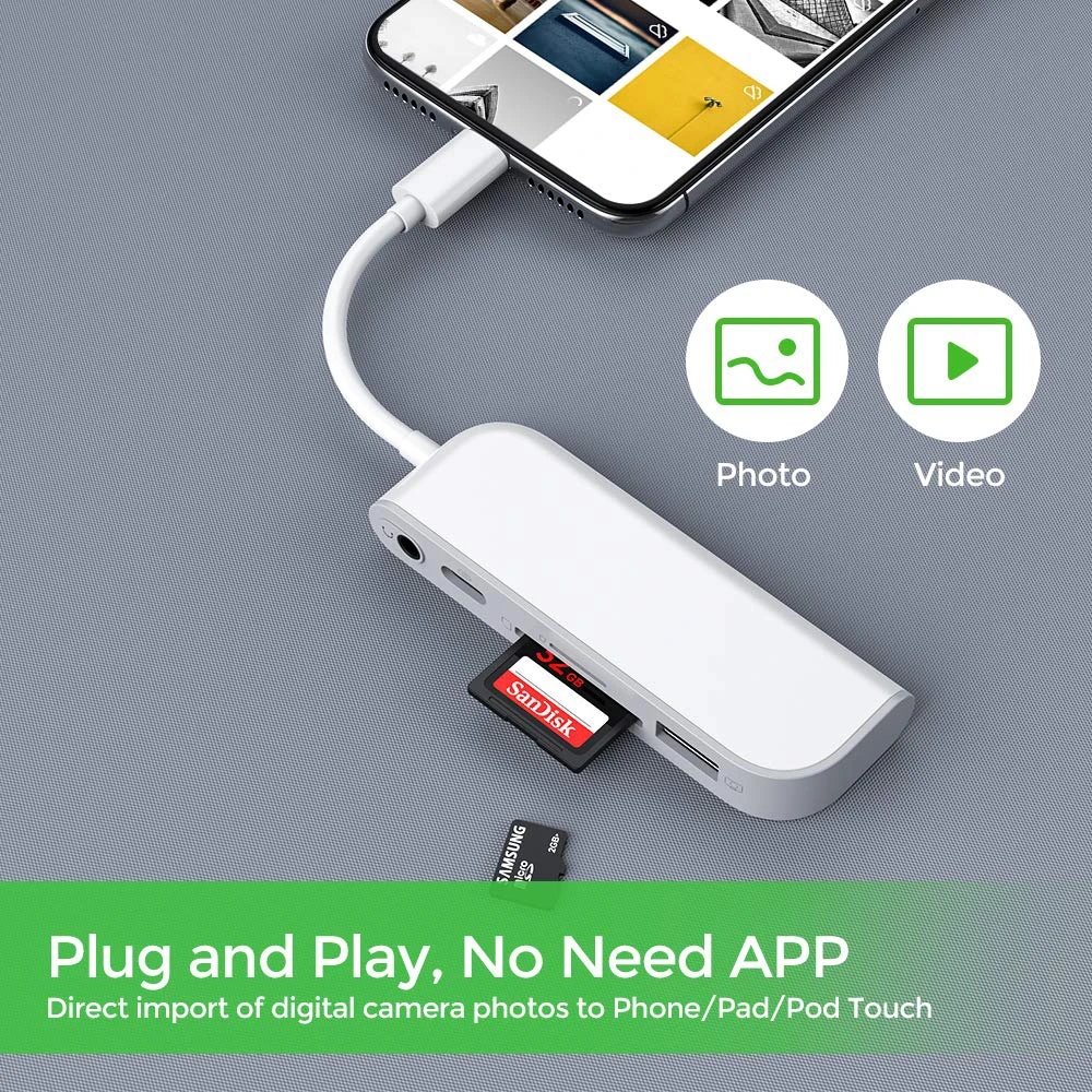 SD TF кардридер, USB для осветления адаптера, 5 в 1 кардридер адаптер с 1* USB 2,0 OTG интерфейс, SD/TF кардридер, 1* PD
