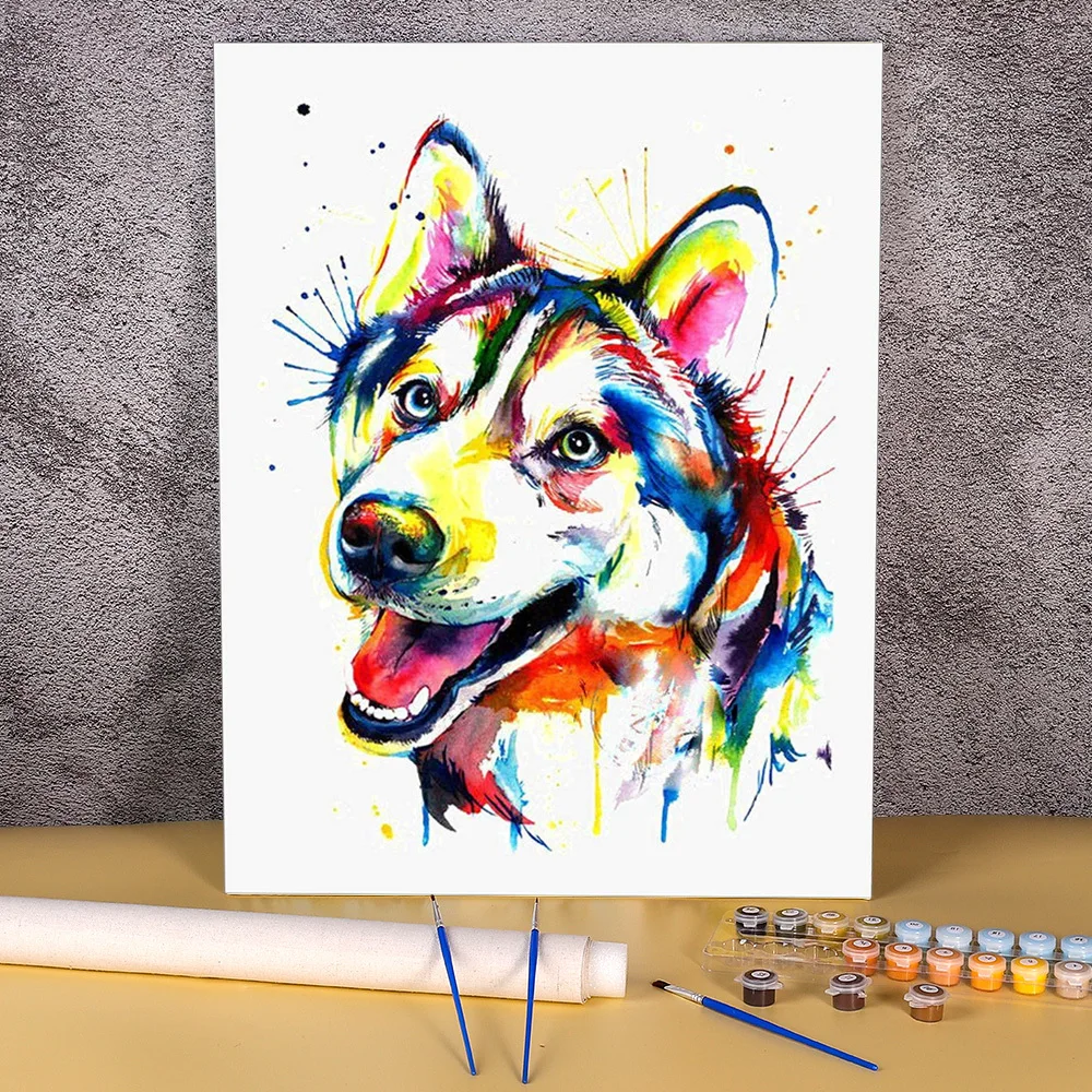 Animal Dog Husky Coloring By Numbers Painting Package Acrylic Paints 40*50 Canvas Pictures Handmade Children Drawing | Дом и сад