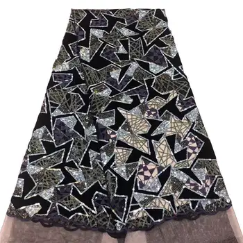 

Latest African Lace Fabric With Sequins Teal Black Embroidered Sequences Lace High Quality Nigerian Lace Dress