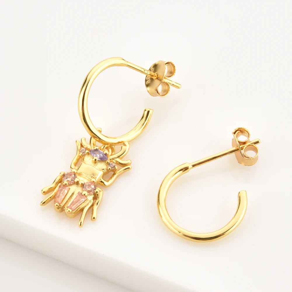 KIKICHICC 925 Sterling Silver Gold CZ Beetle Animal Zircon Piercing Earring Drop Courage Rings Long Chain Necklace Jewelry Set