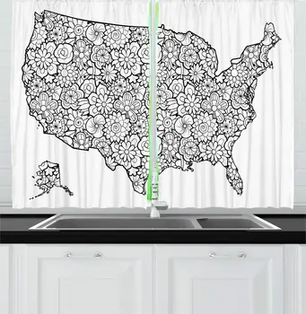 

Charcoal Grey and White US Map Kitchen Curtains America Map with Outline Jumble Floral Doodle in Monochromatic Ornate Window