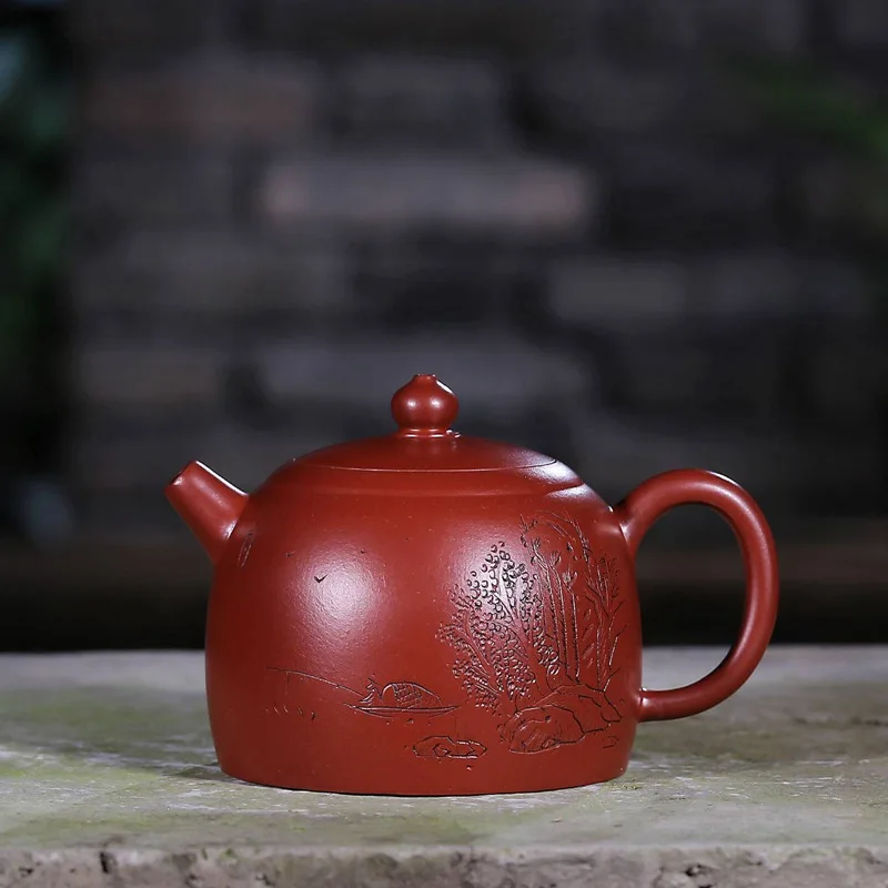 

2313 Clay Tea Pot Yixing Raw Ore Lao Zhu Mud qin quan Pot Depiction Crescent Pot Embedded Cover Maker 300 Ml