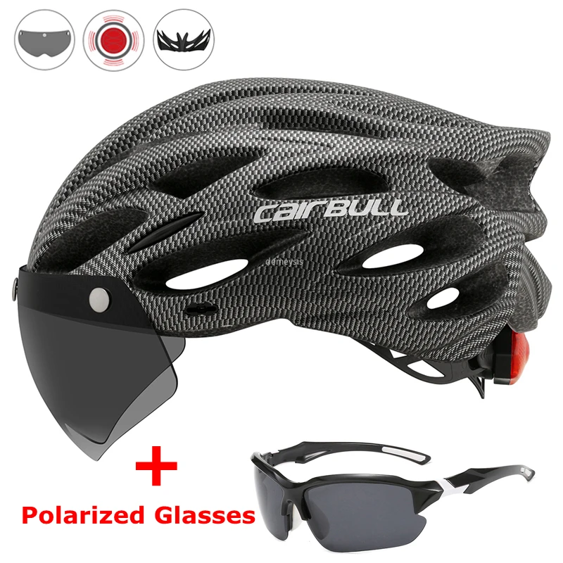 Ultralight Cycling Safety Helmet Outdoor Motorcycle Bicycle Taillight Helmet Removable Lens Visor Mountain Road Bike Helmet