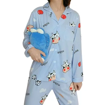 

Woman Pajama Set Female Spring Autumn Korean Style Sweet Cute Cartoon Print Casual Turndown Collar Long Sleeve Trouser Homewear