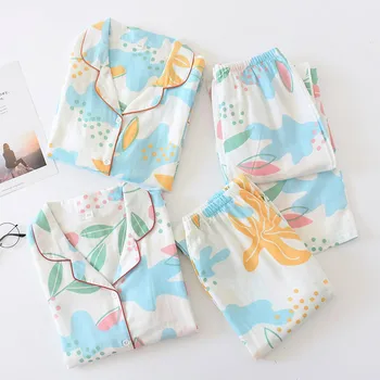 

Womens Cotton Long Sleeve Spring Pajamas Turn-down Collar Printing Thin Pajama Set Women Two Piece Sleep Printing Home Sleepwear