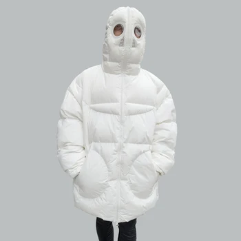 

Plus Size Women Jacket Winter Coat Women Loose Parka Face Cap Hooded Thick Parka White Black Funny Personality Alien Coat XX58