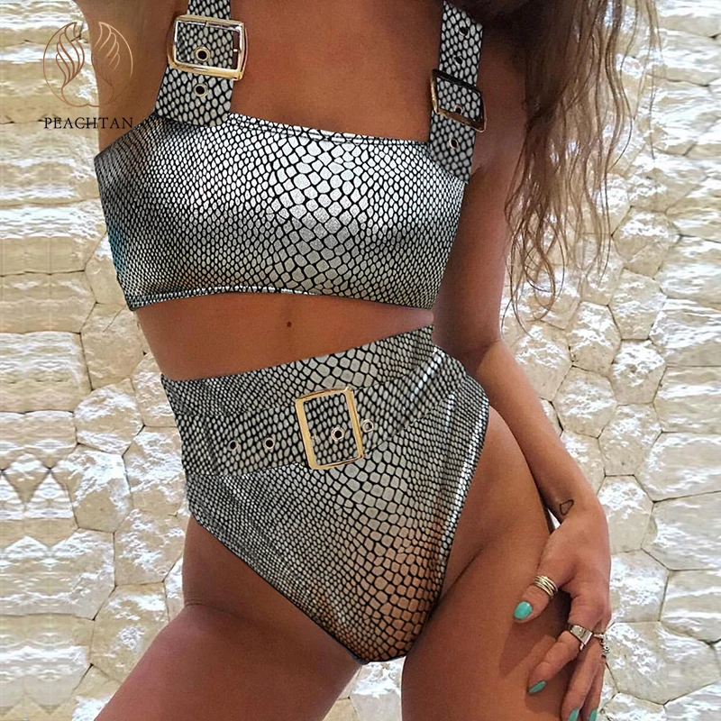 

Peachtan Sexy snake print swimsuit female Bandeau bikini set 2020 High waist swimwear women Belt bathers bathing suit biquini