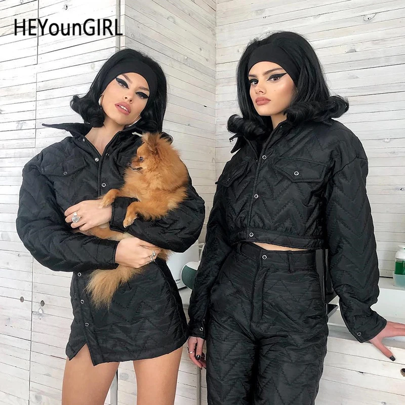 

HEYounGIRL Autumn Winter Casual Parka Long Sleeve Crop Jacket Women Cotton Black Buttons Coats Female Turn-down Collar Street