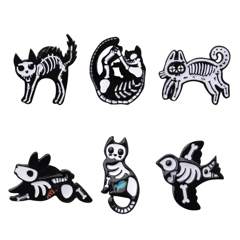 6 Insignias De Dibujos Animados De Rayos X De Escaneo De Esqueleto Broches De Gato Punk Gato Gatito Pajaro Craneo Esmalte Pin Joyeria Mochila Accesorios Aliexpress