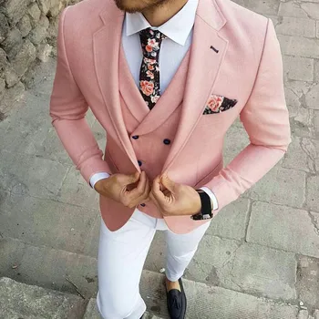 

Men's Pink Tuxedos Suits For Prom White Pants Wedding Party Dresses Suits Set 3 Pieces Single Breasted Blazers Jacket Set