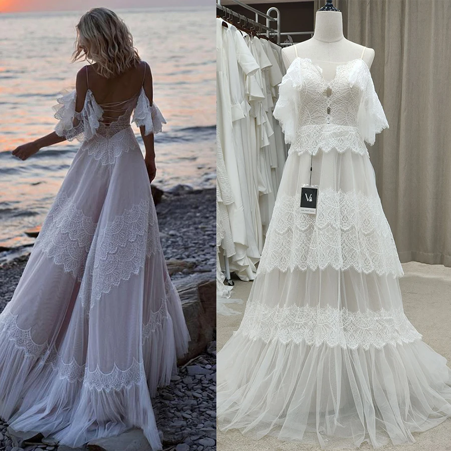 Bohemian Boho Beach Garden Bridal Gown Lace Champagne Spaghetti Straps Backless Destination Wedding Dress Vestido De Noiva #1241 | Свадьбы и