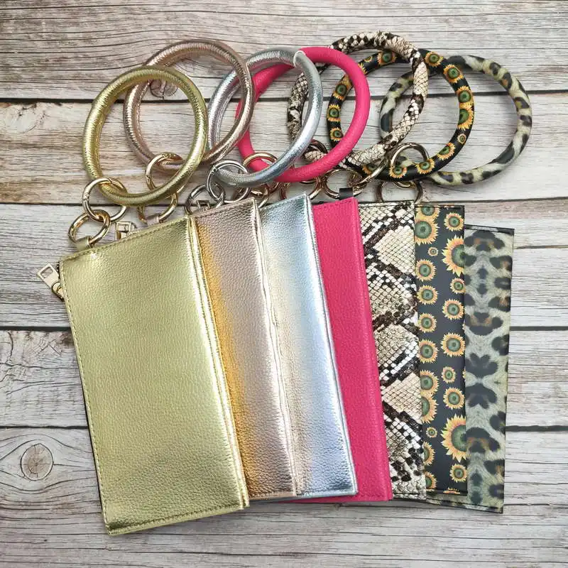 

ZWPON Vegan Leather Phone Bag Key Ring Keychain Leopard Bracelet Detachable Zipper Clutch Credit Cards Coin Case Purse Wholesale