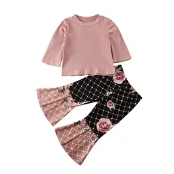 Dropship 1 4y flor da criança do bebê da criança do miúdo roupas da menina conjunto de malha plissado manga longa superior calças alargamento outono primavera outfits