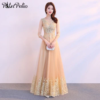 

A-line Floor-length Gold Beading Evening Dresses For Women Luxury Lace Appliques Tulle Long Prom Gowns With Sleeves 2019