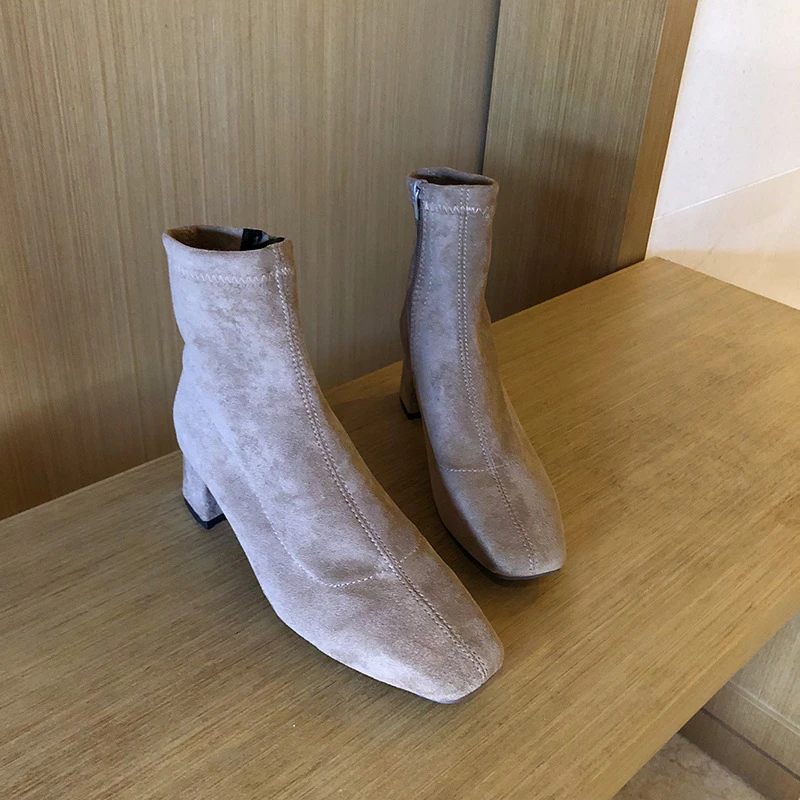 5 khaki Suede Женские ботинки с квадратным носком на молнии; сезон осень-зима; эластичные Замшевые женские полусапожки; хлопковые ботильоны; женские ботинки; botas mujer; Новинка года; Прямая поставка - Цвет: 5 khaki Suede