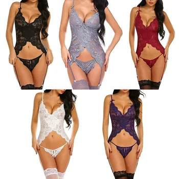 

Exotic Pajamas 2019 Mesh Perspective Hollow Nightdress Sexy Deep V Pajamas + Thongs ti4