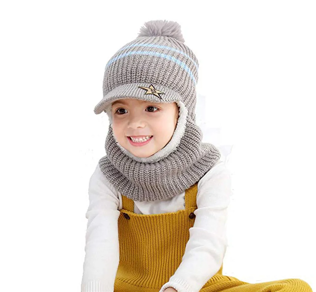 Детская шапка с помпоном для маленьких мальчиков и девочек, зимние теплые вязаные шарфы, шапка с черепом, шарф, детская шапка, плюшевая шапка, наушники на Рождество,# E20