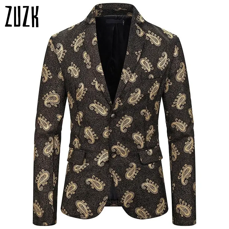 

ZUZK Fashion Bronzing Paisley Print Blazer Men Brand Nightclub Stage Singers Costume Homme Party Wedding Prom Mens Blazer Jacket