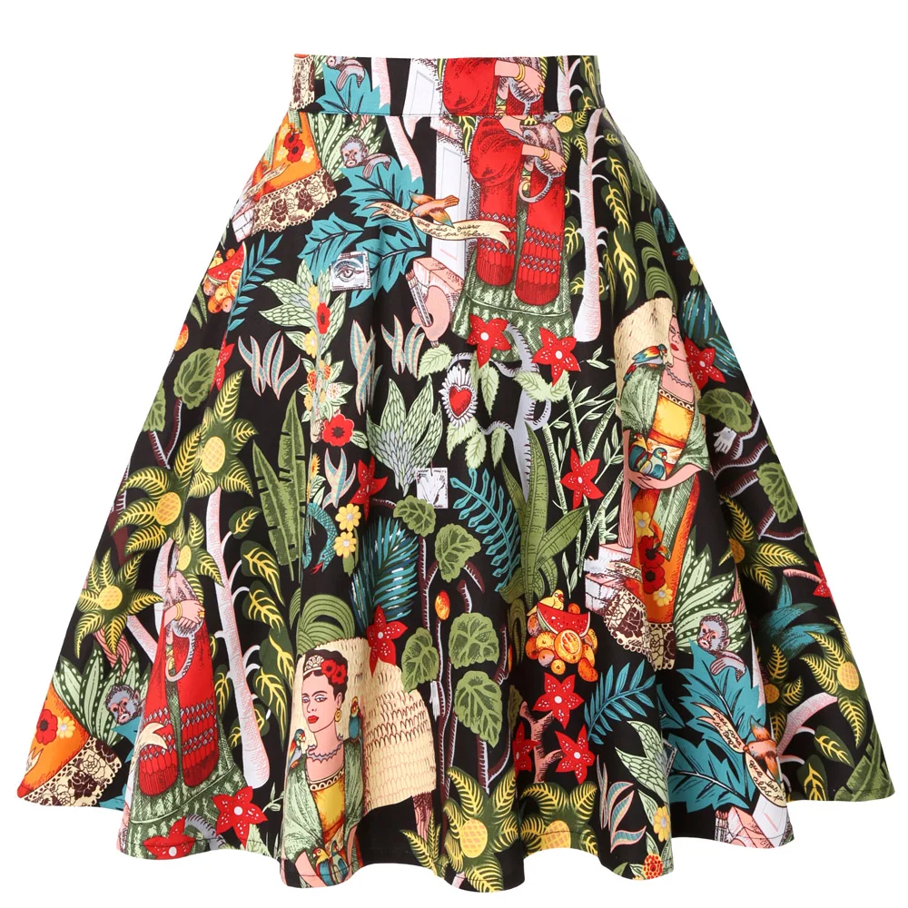 Faldas de algodón con estampado de flores para mujer, faldas de estilo Vintage de los años 50 y 60, de cintura alta, estilo Swing, 2021