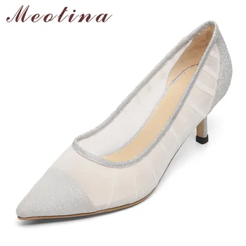 

Meotina Pumps Women Bling High Heels Shoes Pointed Toe Stiletto Heel Footwear Ladies Summer Dress Shoes Sliver Black Size 10.5
