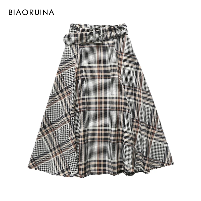 

BIAORUINA Women's Vintage Contrast Color Plaid A-line Skirt with Belt Female Elegant High Waist Skirt Side Zippers New Arrival