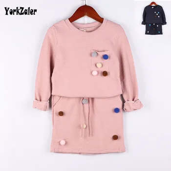 

Yorkzaler Blue Pink Long Sleeve Fur Ball Girl Clothing Set Sweatshirt+Skirt Child Clothes Suit Elegant Toddler Baby Outfits