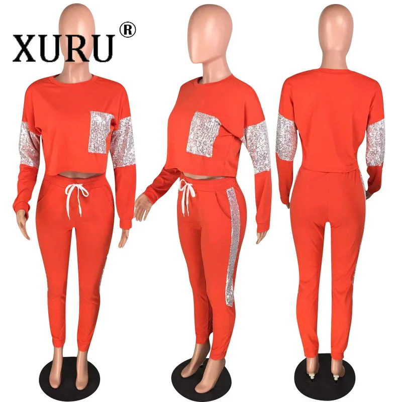 XURU/ осенний популярный женский комбинезон с блестками из двух предметов в европейском и американском стиле, Модный повседневный комбинезон, костюм