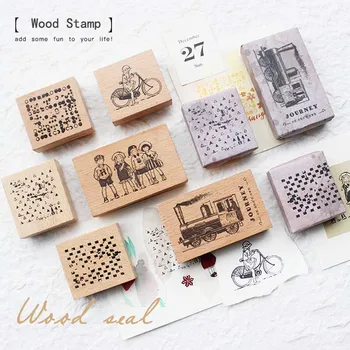 

Retro Journey Wooden Stamp Bicycle Juvenile Cute Wood Rubber Seal Stamp Log Square/Triangle/Dot Deco Dairy Book Planner Stickers