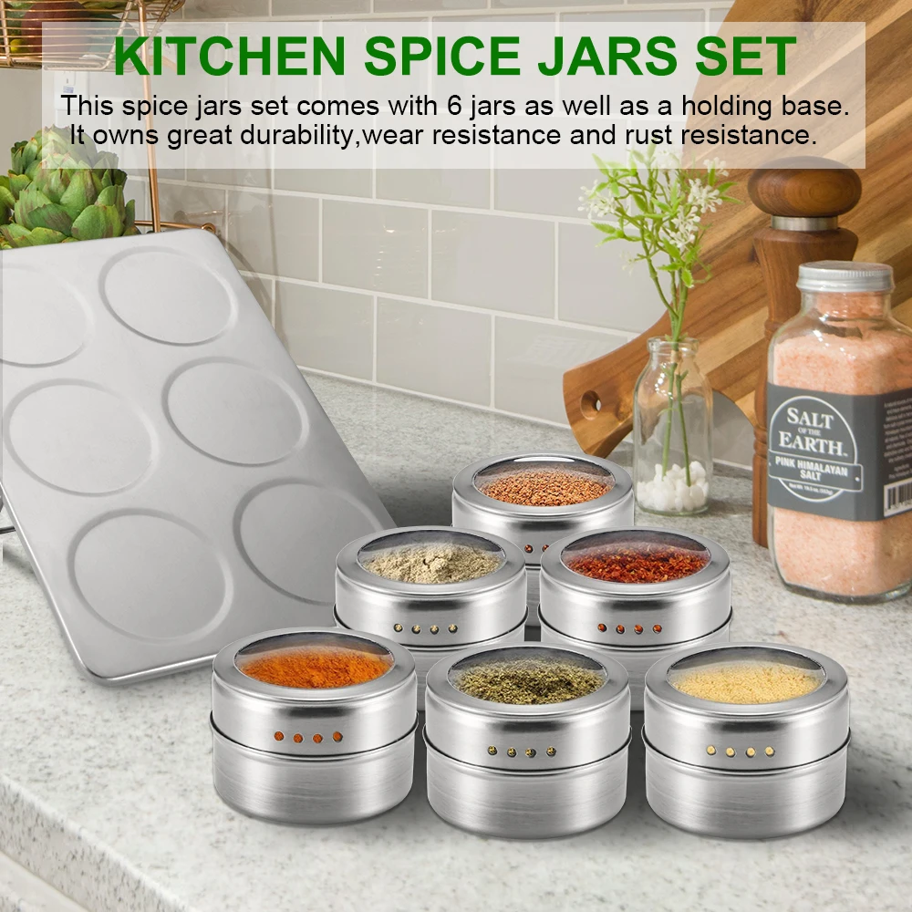 6pcs Seasoning Boxes Magnetic Dustproof Visible Stainless Steel Spice Can Seasoning Pot Outdoor Barbecue Cruet
