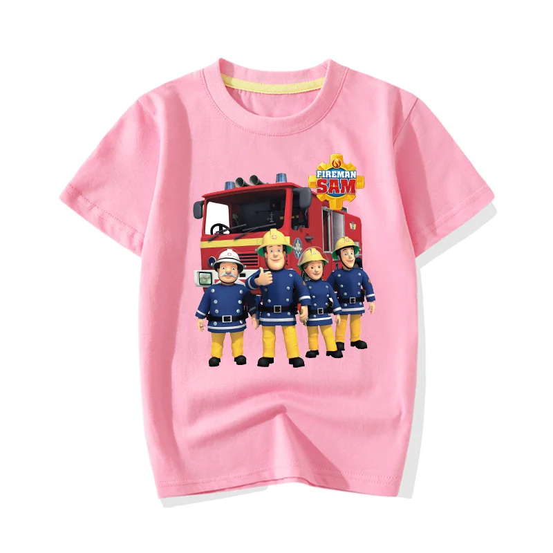 Летние футболки для мальчиков, одежда с рисунком пожарного Сэма, милая розовая футболка для девочек, топы с короткими рукавами, хлопковые футболки для малышей, JY066