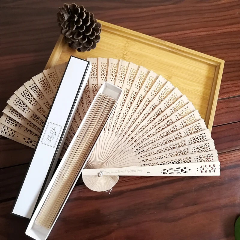 20cm Aromatic Wood Pocket Folding Hand Fan Carved Wedding Decor SuppliesBox+Party Favors Wedding Gifts+printing 50pcs/Lot