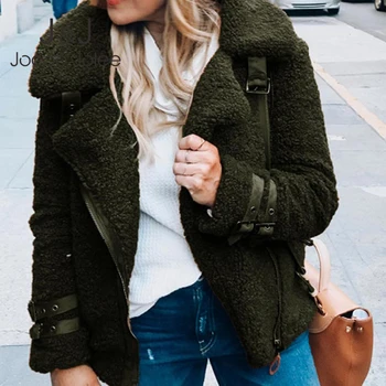 

Jocoo Jolee Women Plush Overcoat Autumn Winter Warm Furry Faux Fur Motorcycle Jacket Female Casual Zipper Belt Coat Outwear 2019
