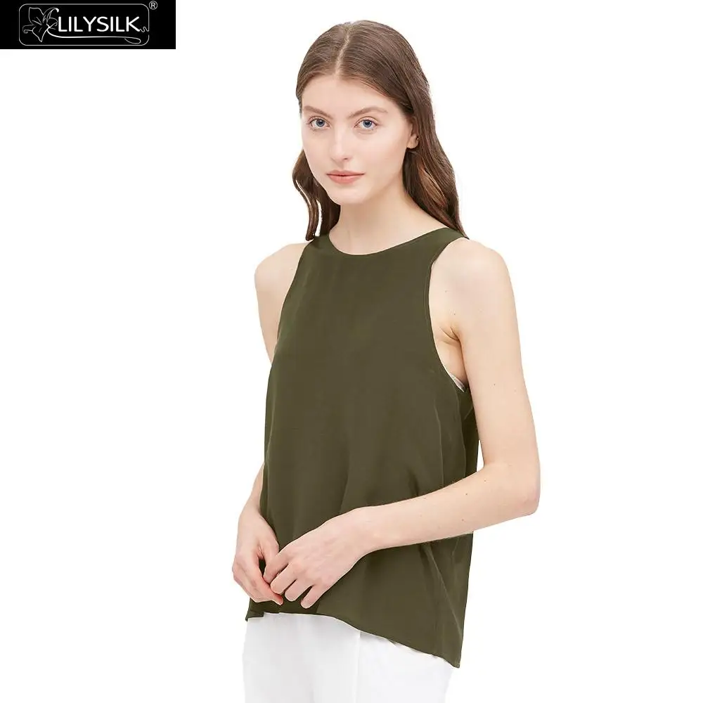 Olive Green LilySilk шелковые кофточки с круглым вырезом без рукавов Женские Новые - Цвет: Olive Green