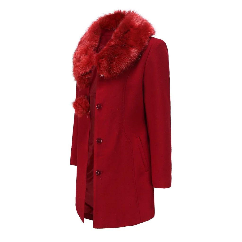 Винтажное теплое зимнее шерстяное женское длинное шерстяное пальто с меховым воротником Женское шерстяное пальто элегантная однобортная верхняя одежда
