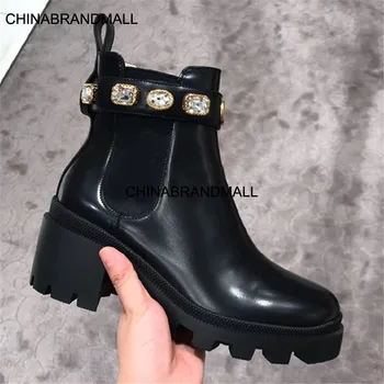 

2020 Crystal embellished low heel shoes ankle boots brand women's boots platform shoes women's runway Chelsea boots designer