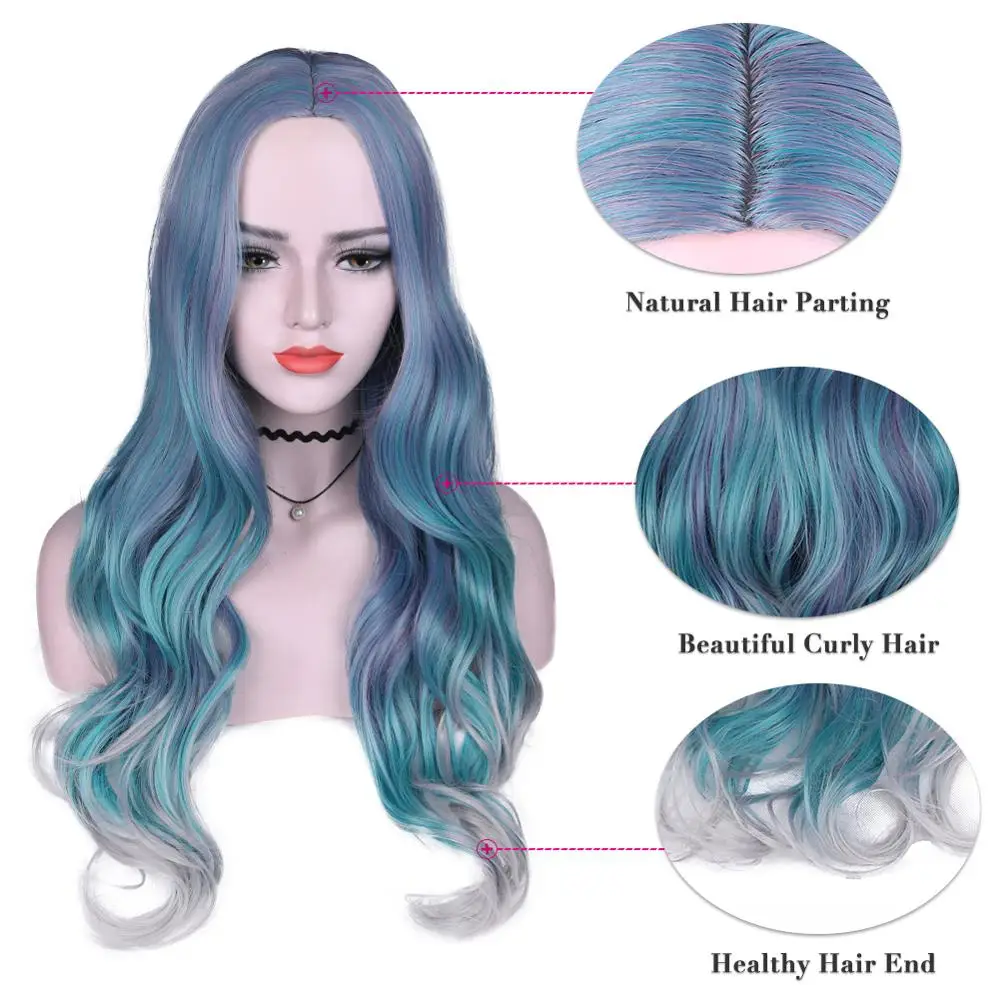 FAVE Long Wavy Hair Mixed Violet Blue Green Light Gray Heat Resistant Synthetic Wigs For Women Middle Part Halloween Party Wigs