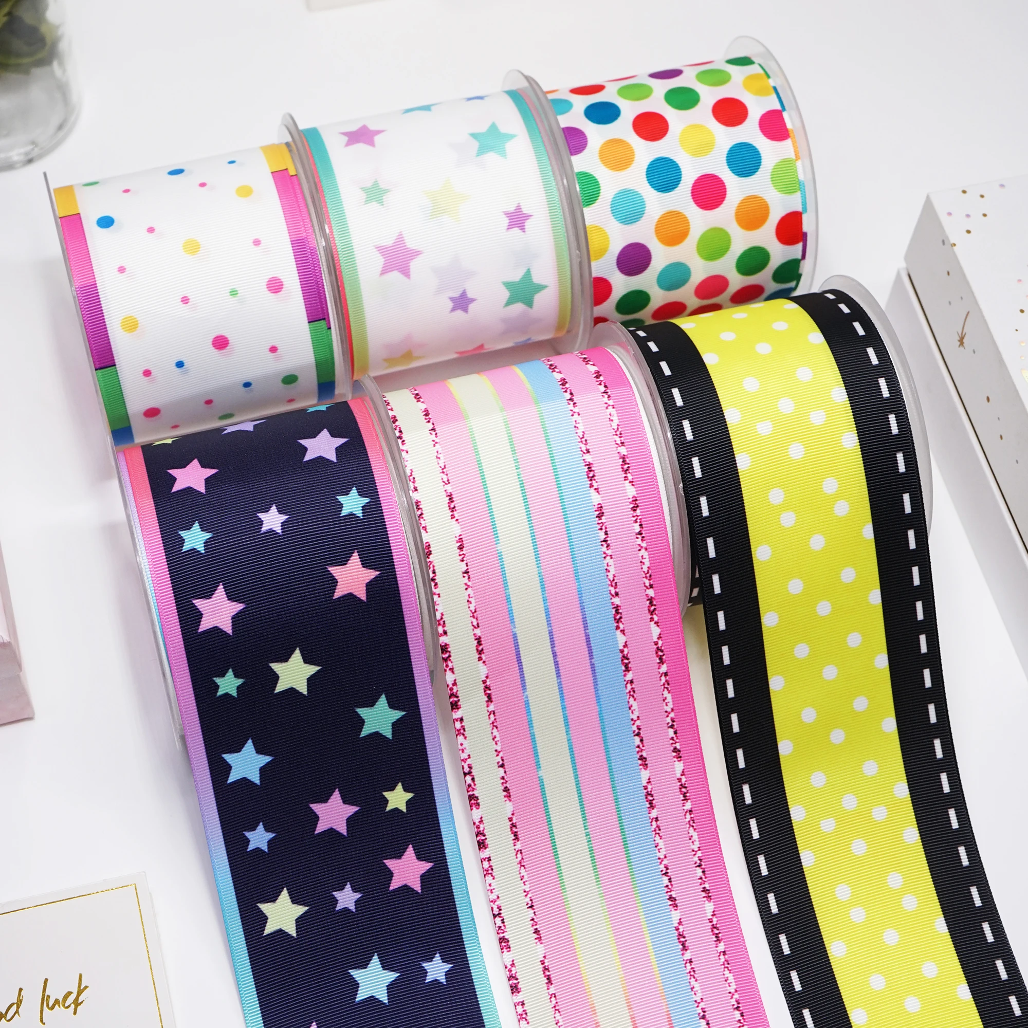 DIY Cartoon Dots And Stars Gradient Color Printed Grosgrain Ribbon For Craft Supplies Sewing Accessories 5 Yards. 43564