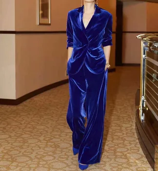 

fashion Hot sale sexy women Velvet Turn-down collar Wide leg pants Two Piece suit celebrity body con OL Style suit wholesale