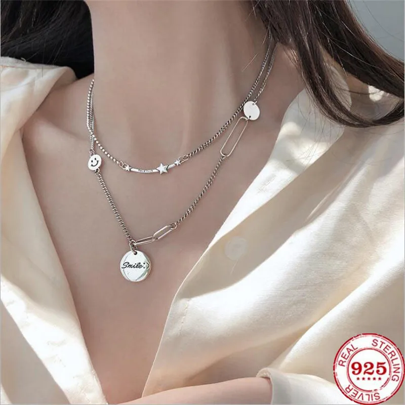 

YIKUF88 Women Necklace 925 Sterling Silver Star Smiley Necklace Female Thai Silver Vintage Round Brand Clavicle Chain for Women