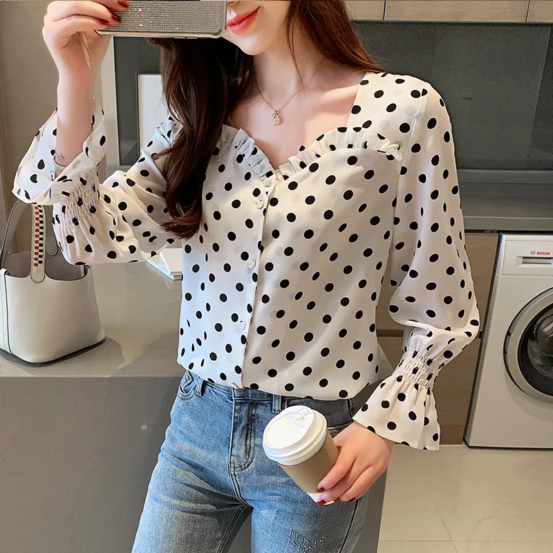 

Autumn Korean-style Sweet Western Style Polka Dot Chiffon Shirt Female Long Sleeved V-neck Fashion Elegant Shirt Loose-Fit Versa